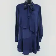 Parker Dress S Navy Blue Kenji Combo Mini Shift Long Sleeve Tiered Bow Tie New