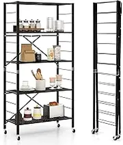 Giantex Folding Storage Shelves, 5-Tier Metal Collapsible Shelves with Wheels, Folding Shelving Unit, Movable Storage Rack for Garage Kitchen Pantry Home Office