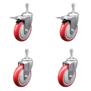 5 Inch SS Red Poly Swivel 3/8 Inch Threaded Stem Caster Set 2 Total Lock Brake