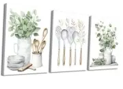Sage Green Kitchen Wall Art Set of 3, Eucalyptus Leaves Plant Dining Room