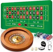 Lunmon Roulette Wheel Game Set Include 20'' Solid Wood Roulette Wheel Two 0.6'' and Two 0.7'' Resin Balls 35" x 16" Rubber Portable Roulette Tabletop Layout Mat 100 Chips Roulette Marker Dealer Button