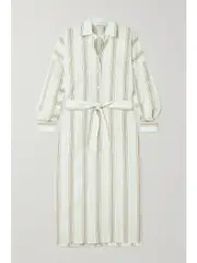 [Max Mara] Max Mara - Deserto Belted Striped Cotton-blend Shirt Dress - White - UK 14 UK 14 White