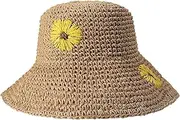 [Cauplse] Women Wide Brim Straw Floppy Sun Hat Foldable Roll Up Cap Summer Beach Hat Straw Travel Bucket Hats for Women UV Protection UPF 50+ Adjustable, Sunflower Khaki