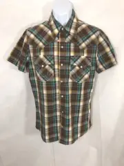 NWT True Religion Brown Short Sleeve Western Plaid Pearl Snap Buttons Shirt Sz S