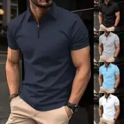 Mens Polo T-shirt Zip Neck Summer Short Sleeve Shirts Casual Plain Slim Fit Tops