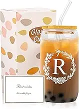 Dmnnlp A-Z Initial Personalised Gifts for Women, 16oz Iced Coffee Glass Cups with Lids, Straws, Brush & Card, Iced Coffee Birthday Gift Set for Women, Mum, Wife, Friends(R)