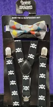 NEW Spencers Bow Tie Suspenders Set Infant Toddler Skulls CROSSBONES PIRATE NIP