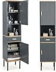 Giantex Tall Slim Bathroom Cabinet, Freestanding Storage Cabinet w/Cabinet with Doors, Open Compartment & Drawer, Narrow Linen Tower w/ 3-Position Adjustable Shelves, Grey