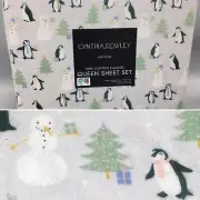 Cynthia Rowley Christmas Trees Penguins Snowman Flannel QUEEN Sheet Set Adorable