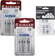Singer Set of 2 Packs Universal Sewing Machine Sewing Needles for Sewing Denim Fabric and Leather 2026 and 2032, System 130/705 H, Flat on One Side, H-J and H-LL + Plastic Bobbins