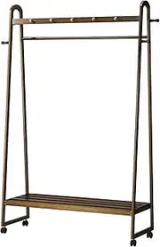 OIKITURE Bamboo Clothing Rack with Wheels, Clothes Rack with Hanging Rail, Garment Rack with 2-Tier Shelf Tray for Bags, Shoes, Coat Rack Stand for Bedroom, Living Room, Brown