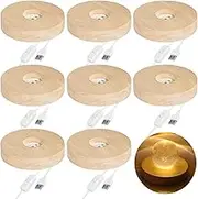 8 PCS Wooden LED Light Bases, 3.9 Inch Diameter, 0.8 Inch Height, USB Powered, 3 Lighting Modes, Crystal Display Stand for Home Decor, Crafts, Art Glass