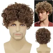 Men's Short Curly Hair Heat Resistant Synthetic Cosplay Replacement Wigs (Brown, 10cm)