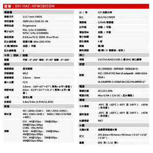 昌運監視器 大華 DH-HAC-HFW1801DN 800萬畫素紅外線槍型攝影機 (10折)