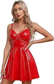 [Rswnyirn] Women Sexy Leather Dress Wet Look A-Line Mini Dress Rave Party Clubwear