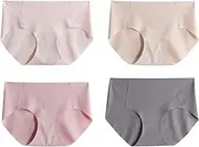 [GOODLUKY] Women Briefs Panty, Ice Silk No Trace Mid Waist Hipster Panties Cotton Crotch Full Coverage Plus Size Knickers for Summer Ladies Girl Regular 4-Pack,4,L