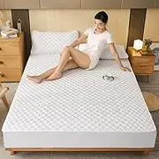 Cotton Solid Colors Quilted Thick Mattress Cover Acts As A Fitted Sheet and Bed Cover Suitable for Queen and King Size Beds,White,150x200x25cm