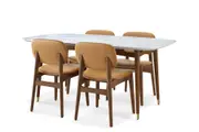 Kelsey Marble Dining Table with 4 Leather Chairs, Walnut Stain