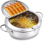 Kimilx Deep Fryer Pot, 9.5Inch/3.4L Janpanese Style Tempura Frying Pot with Lid, Stainless Steel with Temperature Control and Oil Drip Drainer Rack, for Kitchen French Fries, Chicken