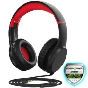 FosPower Wired Kids Headphones For School, Microphone Mic, 3.5mm Cable Black/Red