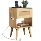 Rattan Nightstand with Charging Station Boho Small Bedroom Side Table End Drawer