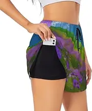 [GaxfjRu] Nature Purple Flowers Meadow Mountain Scenic Print Women's Running Shorts High Waisted Running Shorts Pocket Sporty Gym Elastic Short