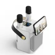 White Portable Karaoke Machine with Dual Wireless Microphones and Smartphone Hol