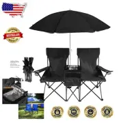Double Folding Camp Chair with Removable Umbrella & Cooler - 520 lbs Capacity