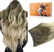 DOORES Human Hair Extensions Ash Brown to Platinum Blonde 120g 7pcs 16 Inch Remy Hair Extensions Clip in Human Hair Natural Hair Extensions Straight Thick