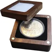Coin Storage Box, Clear Top Walnut Single Display Box, Portable Holder Trays Badge Storage Case for Family Friends Colleagues Birthday