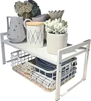 Urhomey plus Expandable Cabinet Shelf Organizer 16-26" L Stackable Kitchen Counter Shelf Rack Stand Sink Riser Countertop Storage White (Wide 10.6”D)
