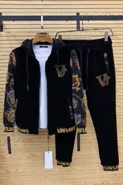 Men's Velour Pants Hooded Designer Logo Track Suit Top & Bottom 2 Piece Set