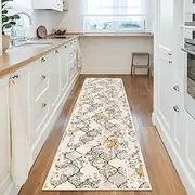 UZU 60x220cm Non-Slip Washable Runner Rug for Hallway Bedroom Vintage Geometry Faux Cashmere Carpet Kitchen Rugs Indoor Long Durable Soft Floor Mat Low Pile Runners with Anti-Slip Backing Home Decor