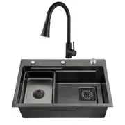 ACA Black Kitchen Sink With Tap Smart Drainage Detachable Colander Single Bowl Set 680x450mm