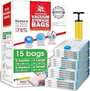 [Spedalon] Vacuum Storage Bags - Pack of 15 (3 Jumbo + 4 Large + 4 Medium + 4 Small) ReUsable Space Savers | Free Hand Pump for Travel Packing. Best Sealer Bags for Clothes, Duvets, Bedding, Pillows, Blankets