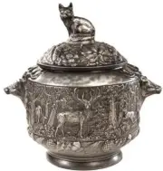 Soup Tureen MOUNTAIN Lodge Deer Scene Stag Silver Resin Hand-Cast Hand-Painted