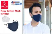 [5-PACK] Washable Navy Blue Cotton Mask Reusable Breathable Unisex PM2.5 filter
