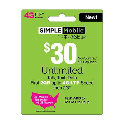 SIMPLE MOBILE Prepaid $30 Refill Top-Up Prepaid Card ,PIN / RECHARGE