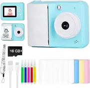 Funio Instant Print Camera for Children, Kids Portable Entertainment Digital Camera, with 48PM Lens, 16GB Card Upgraded Set, 1080P Video Recording, Play Games/Play Music and Video (Blue)