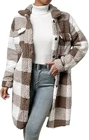 [Generic] Fleece Jacket Women Plus Size,Women'S Autumn And Winter Button Down Lapel Plush Plaid Coat,Loose Long Coats,Work Business Jackets,Lightweight Trenchcoats