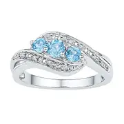 14k White Gold Round Created Blue Topaz 3-stone Diamond Ring 1/2 Cttw