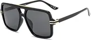 [OUWEN] Retro Oversized Square Aviator Sunglasses Womens Mens, Trendy Big Rectangle Flat Top Double Bridge Sun Glasses OW2237