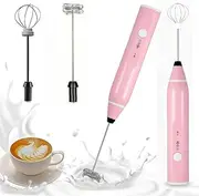 Milk Frother, Handheld Electric Coffee Foam Maker with 2 Whisks – Mini Hand Blender Mixer with USB Recharge, 3 Speeds Control, for Latte, Cappuccino, Hot Chocolate, Milkshake, Matcha, Frappe (Pink)