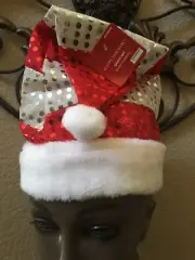 Santa Red White Sequins Hat w/white Fur trim & Pom Pom. Standard Size. 16 X 12".