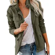 Ladies Snap Buttons Military Jacket Streetwear Fall Coat Long Sleeve Utility Jackets Army Green M