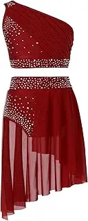 [Aislor] Kids Girls 2 Piece Lyrical Dance Dress Sparkly Ballet Dance Dress Outfits Crop Top Mesh Skirt Leotard Dancewear