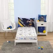 Warner Brothers Batman The Caped Crusader Blue, Gray, and Yellow Bat-Signal and Batmobile 2 Piece Toddler Sheet Set - Fitted Bottom Sheet and Reversible Pillowcase