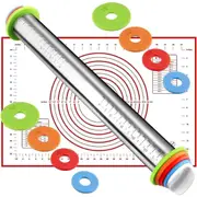 Rolling Pin and Silicone Baking Mat Set with Adjustable Thickness Rings