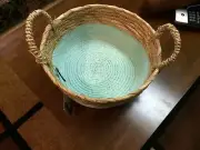 Set of 2 Straw Woven Baskets Round 9” Deep 4,5”Aqua Navy Natural