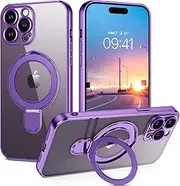 [GUAGUA] Magnetic for iPhone 14 Pro Max Case with Kickstand, [Compatible with MagSafe] Phone Case Camera Protection Anti-Slip Sturdy Stand Anti-Yellowing Matte Back Cover,Purple